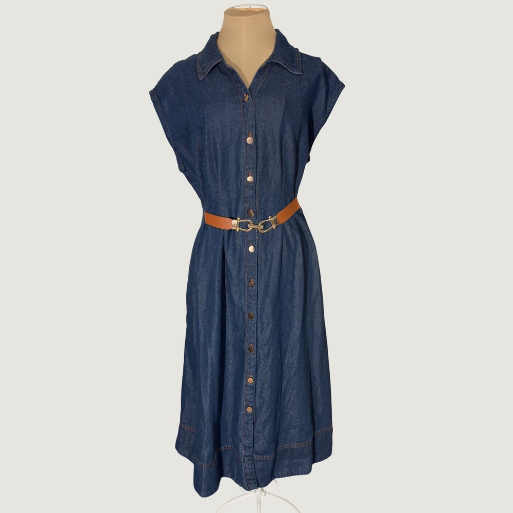 3338 | NWT Badgley Mischka Belted Denim Midi Shirt Dress Blue Womens XL
